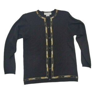 Vtg 80s Black Beaded Cardigan Sweater Small Gold‎ Silver Embellished Retro Style